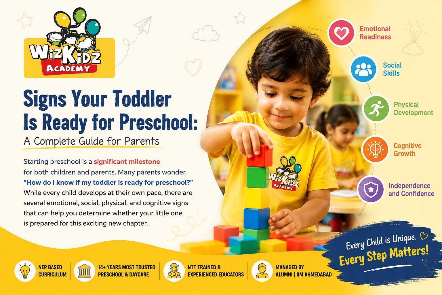 Toddler stacking colorful blocks at WizKidz Academy illustrating the key signs that a child is ready for preschool, including emotional readiness, social skills, physical development, cognitive growth, and independence.