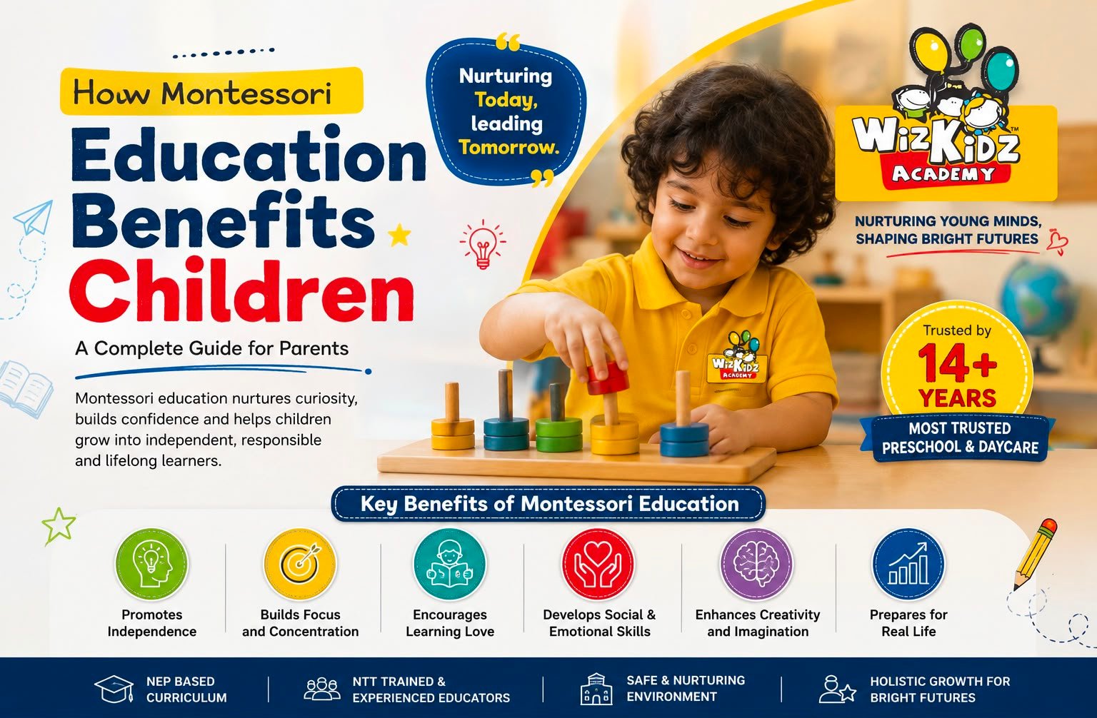 Child learning with Montessori educational toys at WizKidz Academy, demonstrating how Montessori education benefits children by promoting independence, creativity, concentration, and lifelong learning.