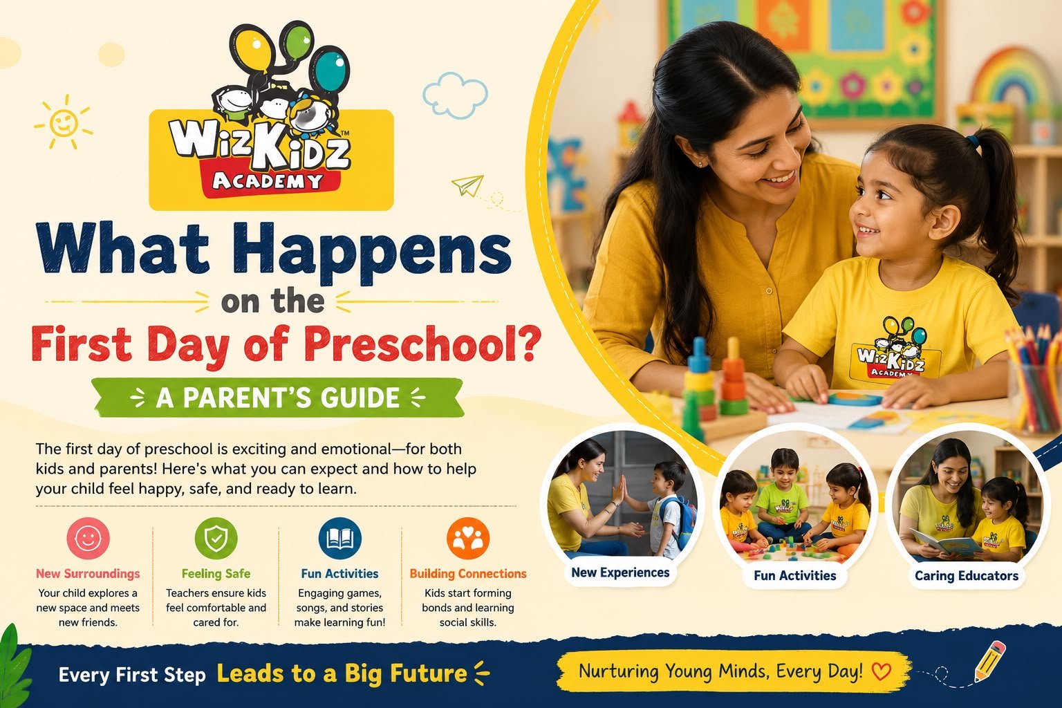 What happens on the first day of preschool with a child learning through fun activities with a caring educator